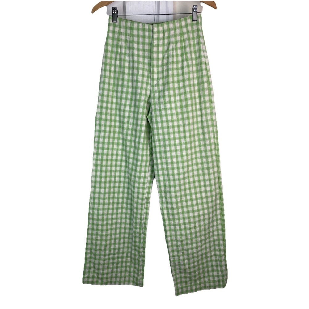 Zara Women's S Green White Check High Rise Cotton Blend Wide Leg Pants